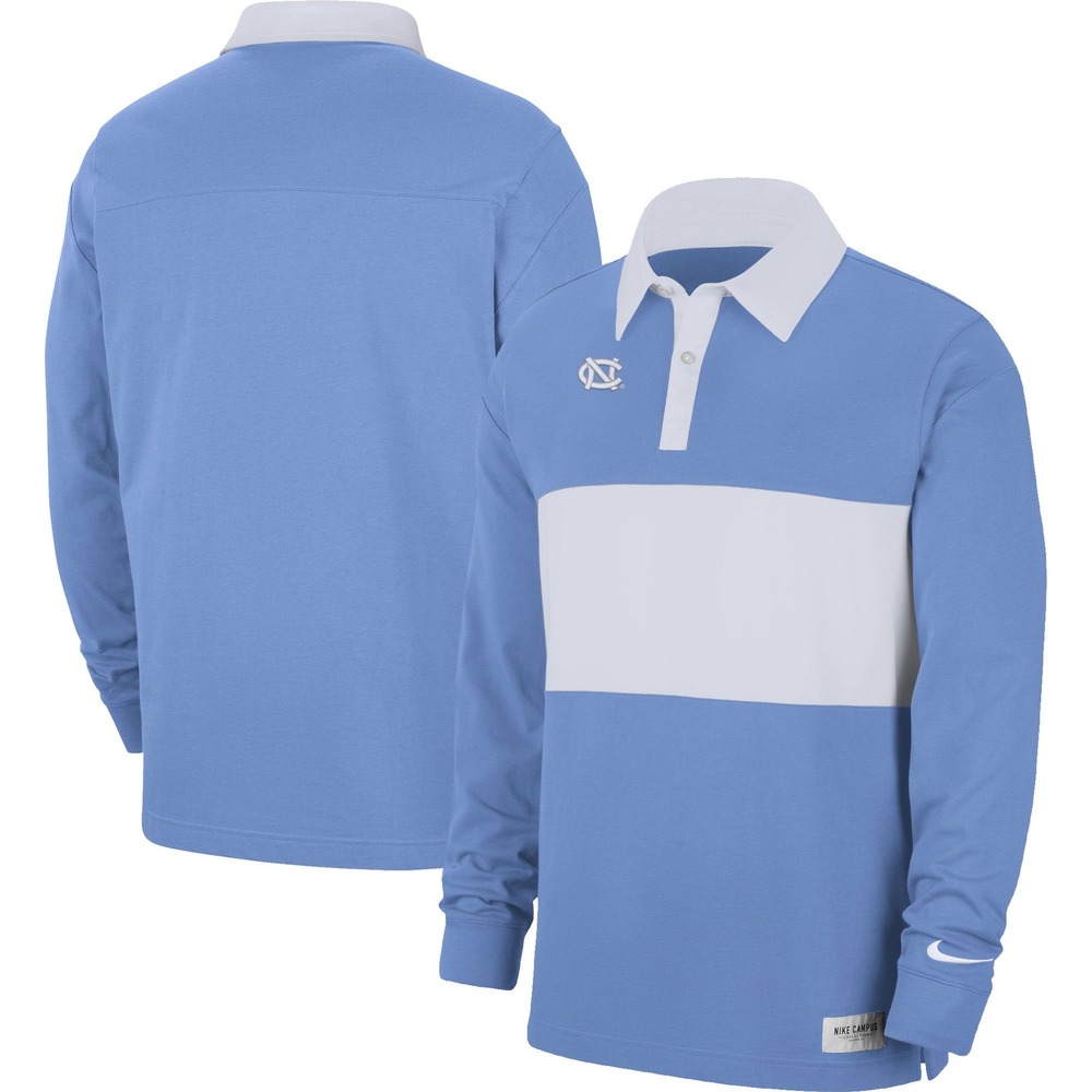 Nike Mens UNC Tar Heels Rugby Polo Shirt Large DO4713 Cotton Blue White Striped